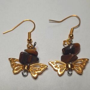 Natural Gemstone Earrings Tiger Eye with Gold Plated Butterfly Charm